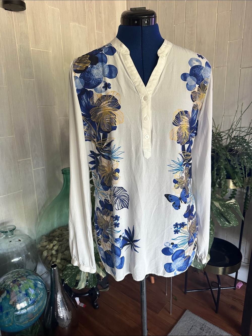 Desigual White V-Neck Blouse with Blue and Gold Floral Print